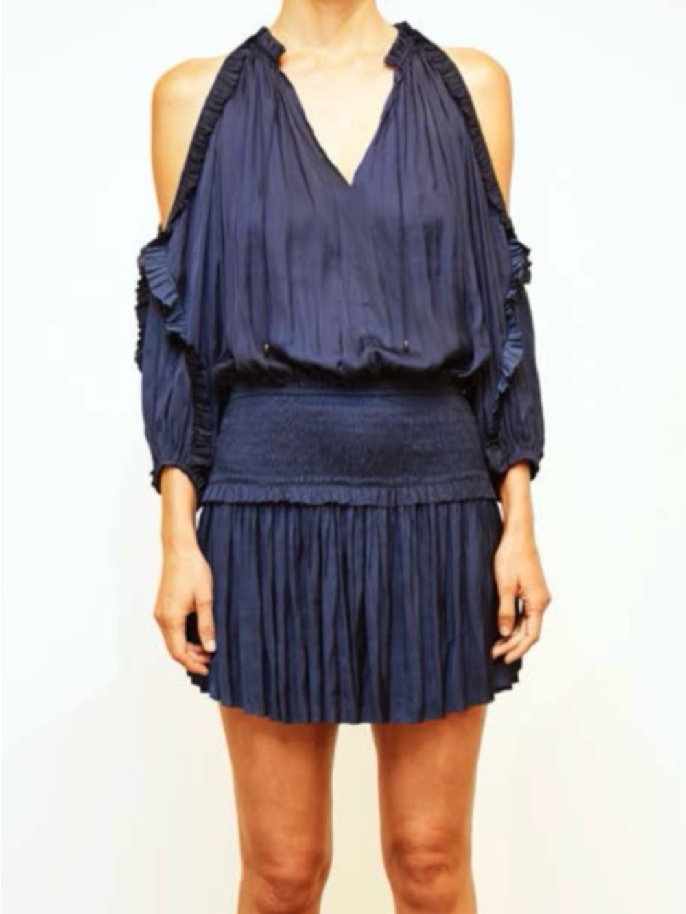Ulla Johnson Navy Cold-Shoulder Pleated Mini
